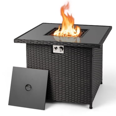Gymax Table de Foyer au Propane de 32,5 Po pour l'Extérieur, Foyer au Gaz en Osier avec Brûleur en Acier Inoxydable, Noir