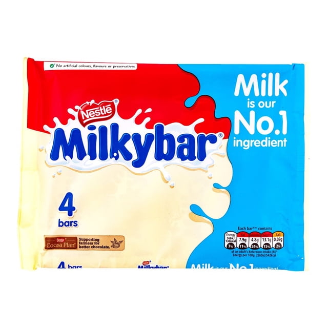 Milkybar Medium Nestlé white chocolate bar package with four bars, featuring a red, cream, and blue wrapper, nutrition information, and highlighting milk as the number one ingredient along with support for sustainable cocoa farming.