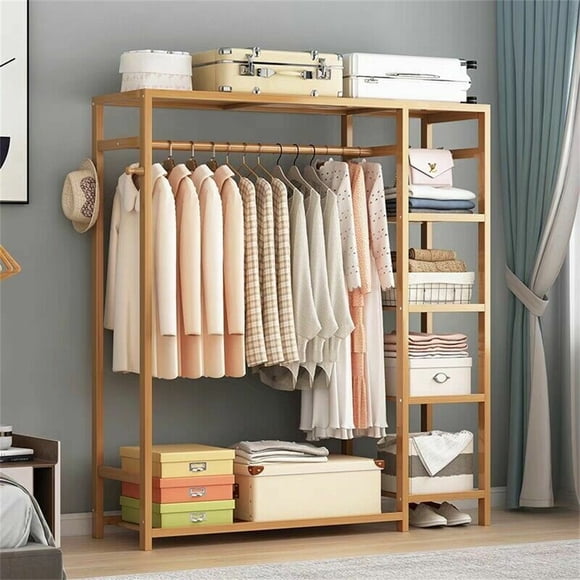 Wisfor Extra Large Garment Rack, Solid Bamboo Clothes Wardrobe, Clothing Organizer Shelves