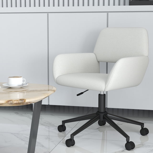 Homy Casa Chaise de Réception à Hauteur Réglable en Tissu beige, Conçue comme Meuble d'Affaires Moderne avec un style à Dossier Ouvert et des Accoudoirs Ergonomiques. Caractéristiques Incluant une Fonctionnalité de Pivotement à 360°, une Hauteur de Siège Réglable de 29,9 à 33,9 Pouces, et des Roues à Roulement Fluide sur une base Métallique Robuste. Exposée dans un Cadre de Bureau Contemporain avec une table en Marbre à Proximité.