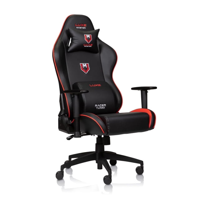 Luxe Racer Turbo Office, Desk & Gaming Chair in black with red piping, featuring ergonomic high backrest with Luxe Master logos on headrest pillow and back panel, adjustable PU-covered 2D armrests, thick cushioned seat and lumbar support, reclining from 95 to 155 degrees, and a fiberglass reinforced nylon five-star base with polyurethane casters for smooth, quiet movement.