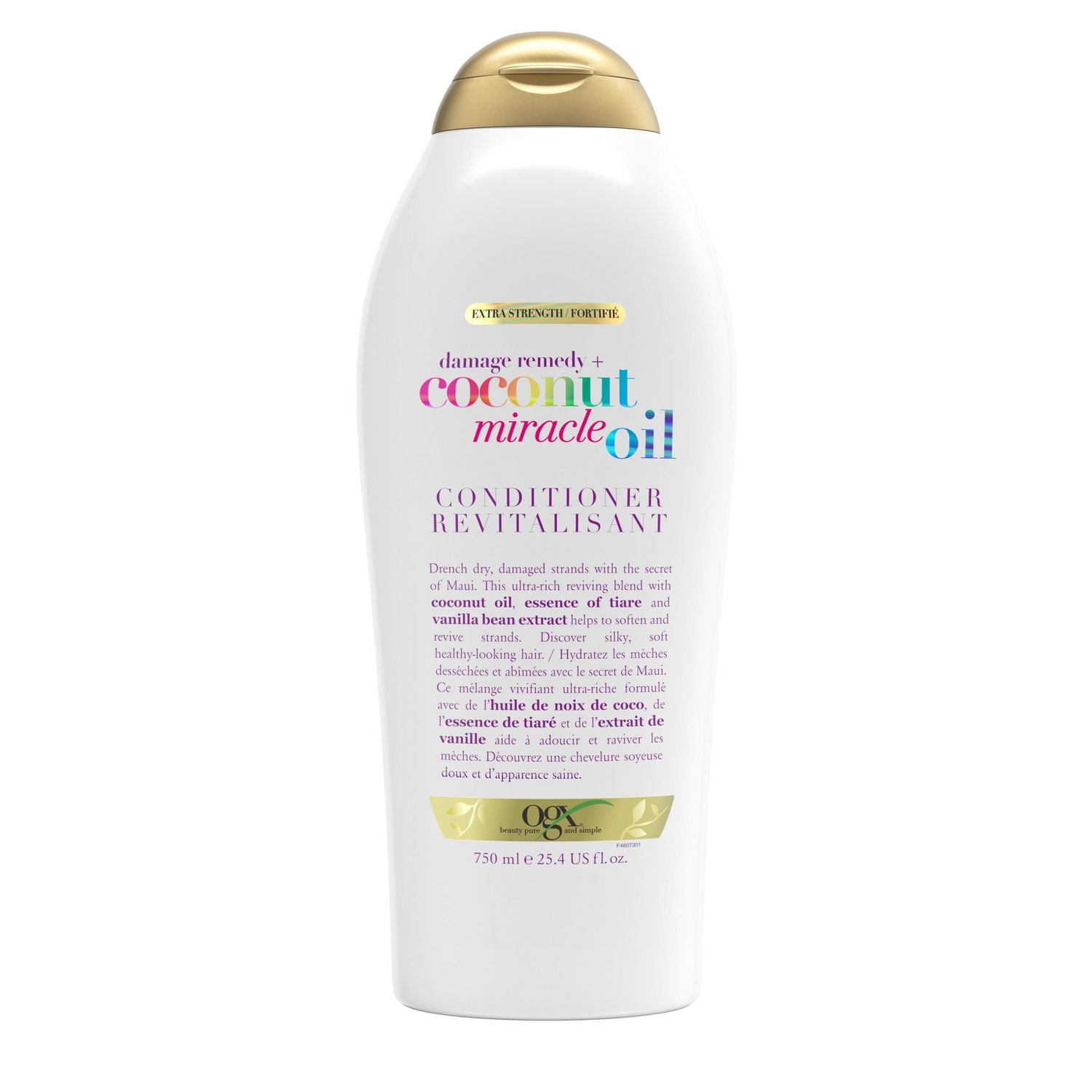 OGX Revitalisant Extra-Fort Réparation des Dommages + Huile Miracle de Noix de Coco pour Cheveux Secs, Frisottés Ou Rêches, Revitalisant Hydratant & Disciplinant Anti-Mèches Rebelles, Sans Parabènes, Tensioactifs Sans Sulfate