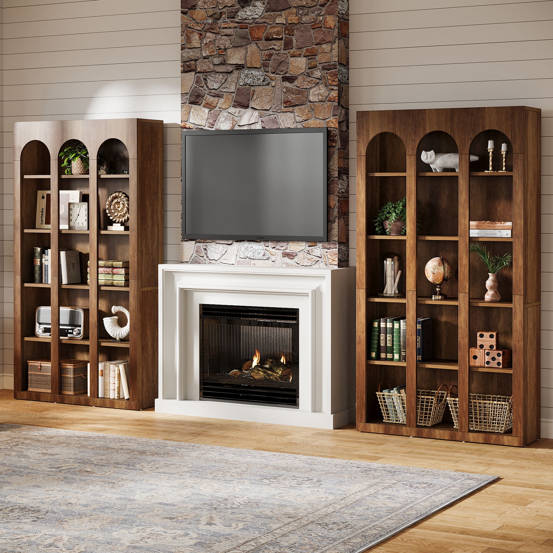 5-Tier Farmhouse Arched Bookshelf, 70.87-Inch Tall Bookcase, Walnut Brown (Set of 2)