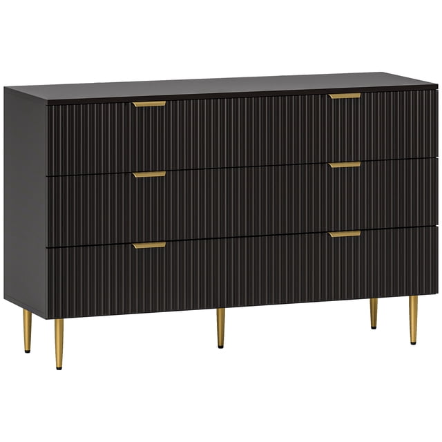 HOMCOM Commode à 6 Tiroirs pour Chambre avec design Cannelé Noir, Poignées Dorées et Pieds en Métal Robustes. Cette Commode Moderne Offre six Tiroirs Spacieux pour Organiser les Vêtements et Autres Articles. Ses Caractéristiques Incluent un Dispositif Anti-Basculement pour la Sécurité et un Fond Haut Facile à Nettoyer. Dimensions : 47,2 Pouces de Large, 15,7 Pouces de Profondeur et 30,1 Pouces de Hauteur.