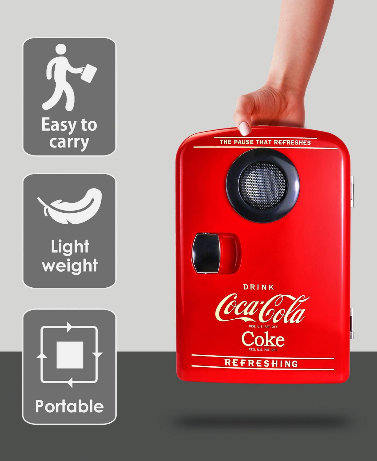 Coca-Cola Mini réfrigérateur portable 6 canettes, haut-parleur Bluetooth, refroidisseur/réchaud 4 L, rouge