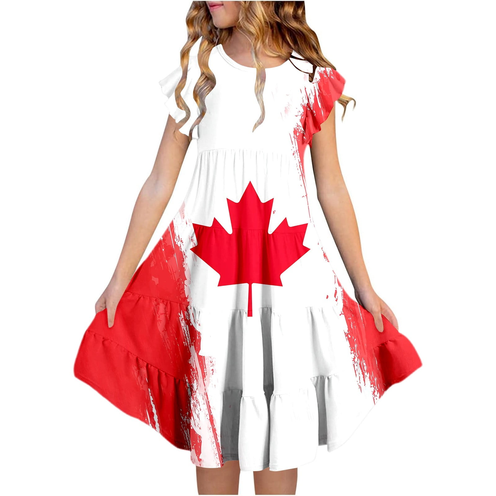 holiday party dresses canada PMVFHDE Summer Dress for Girls Day Floral Dress Cute Red & White Maple Leaf Print Tiered A Line With Flutter Sleeves And Pockets Comfortable Dress For Canadian Cele classy christmas party dress