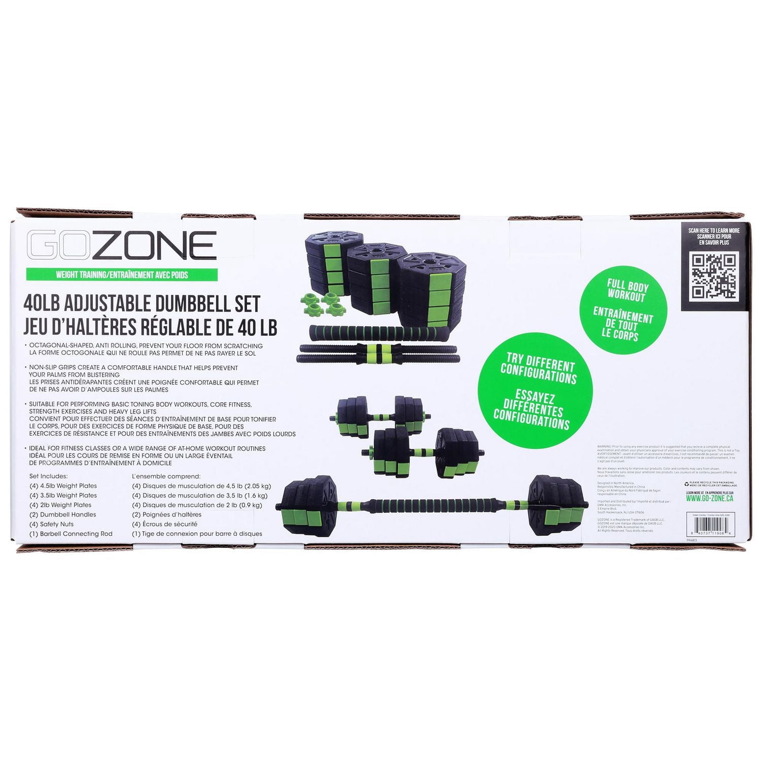Ensemble d’haltères/poids réglable 40 lb GoZone – Noir/vert