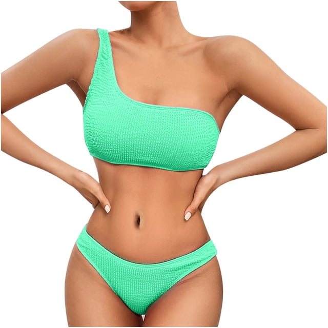 Penkiiy Women's Ribbed Bikini Sets One Shoulder Top with Mid Waist Two Piece Bathing Suit S Green