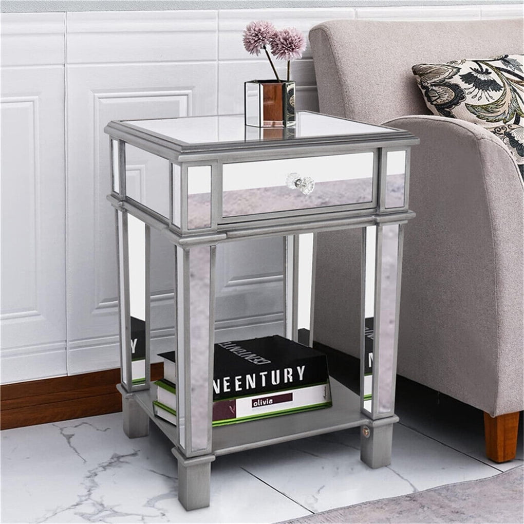 Wisfor Table d'Appoint Miroir Argenté de Luxe à 2 Niveaux avec Tiroir, Table de Chevet de Canapé