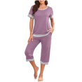 thumbnail image 1 of Mikilon Pyjama Décontracté pour Femmes Ensemble de Pyjama Décontracté Ample Couleur Unie Col Rond Manches Courtes 7 Pantalons Ensemble de Maison Pantalon de Pyjama Funky Confortable Manches Courtes Col Rond Ensemble Haut/chemise Violet TP, 1 of 9