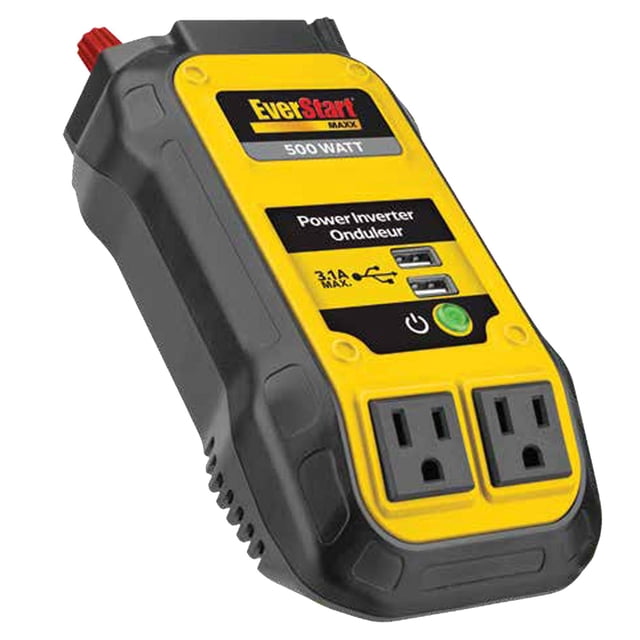 EverStart 500 Watt Inverter with Dual USB Ports in a black and yellow injection-molded polymer housing, featuring dual 120-volt AC outlets, two USB ports with 3.1 amp max output, power button with green indicator light, and battery terminal clamps for direct 12-volt connection, ideal for charging laptops, tablets, and multiple devices simultaneously.