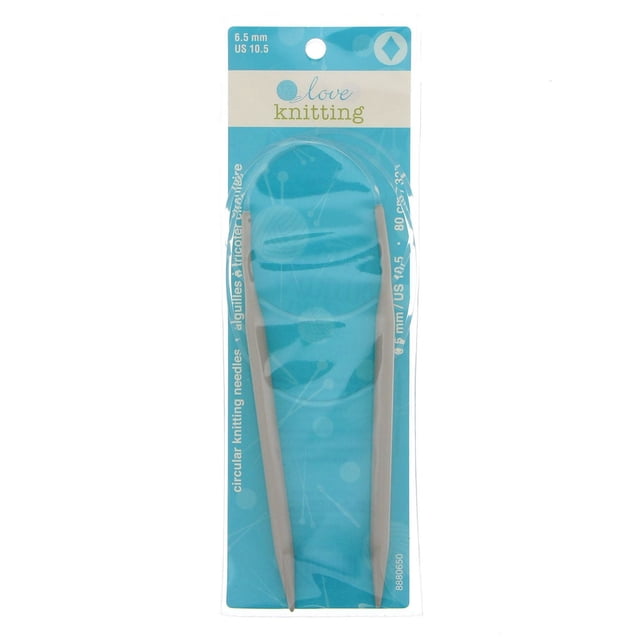 Love Knitting Circular Knitting Needles, 32″ (80 cm), size 6.5 mm US 10.5, aluminum needles with rigid tips connected by a flexible clear cable, displayed in blue packaging with knitting-themed design.