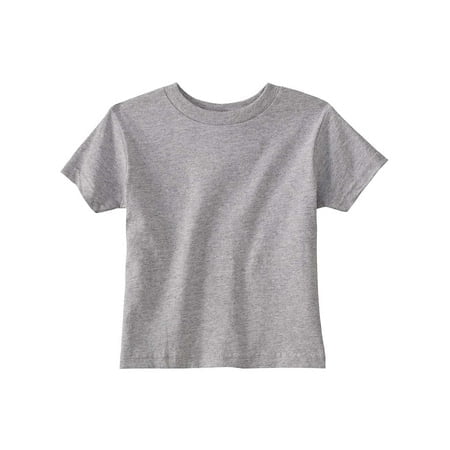 Rabbit Skins Toddler Cotton Jersey T-Shirt in a heather grey color, featuring a ribbed crew neck, double-needle hemmed sleeves and bottom, and taped shoulder-to-shoulder seams. Made from 90% cotton and 10% polyester, this CPSIA-compliant shirt is designed for toddler girls aged 2T-5T. The style may include tearaway or non-tearaway labels.