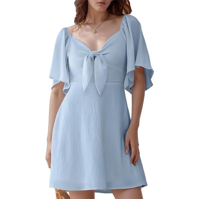 Robes pour Femmes Printemps Été Décolleté en V Profond Élégante Robe Mini à Nœud Bleu Clair TG