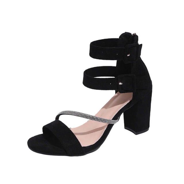 Xfvqtps Womens Heeled Sandals Block Heel Zipper Back Rhinestone Strap Sandals Open Toe Dress Sandals Casual Heels with Adjustable Ankle Buckle Strap