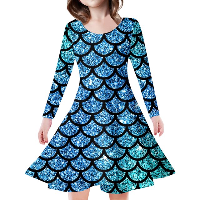 MIASHUI Robe Sirène Filles Enfants Manches Longues Scintillante Robes de Vacances, Bleu Ciel, 4-5 Ans