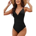 thumbnail image 1 of Charmo Women Ribbed One Piece Swimsuits V Neck Ruched Tummy Control Monokini Bathing Suit, 1 of 6