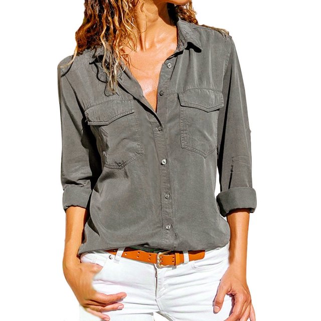 Women Casual Solid Long Sleeve Turn Down Collar Pockets Button Front Shirt Tops