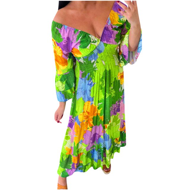 Pisexur Robe à Manches Courtes à Col en V Mode Femmes Été Décontractée Taille Élastique Col en V Imprimé Manches 3/4 Robe Ample Robe Femme