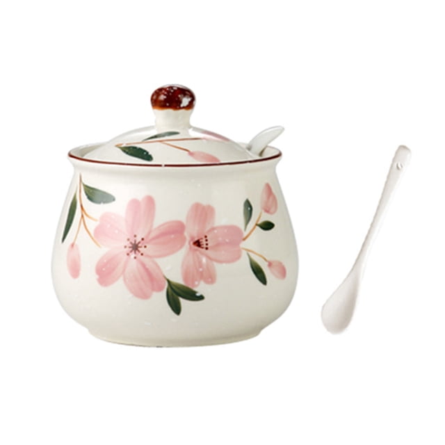 Pink Cherry Blossom Pattern Sugarr Bowl With Lid , Sugar Pot With Spoon, Ceramic Spice Jars, Kitchen Decoration-Cherry Blossoms-350ml
