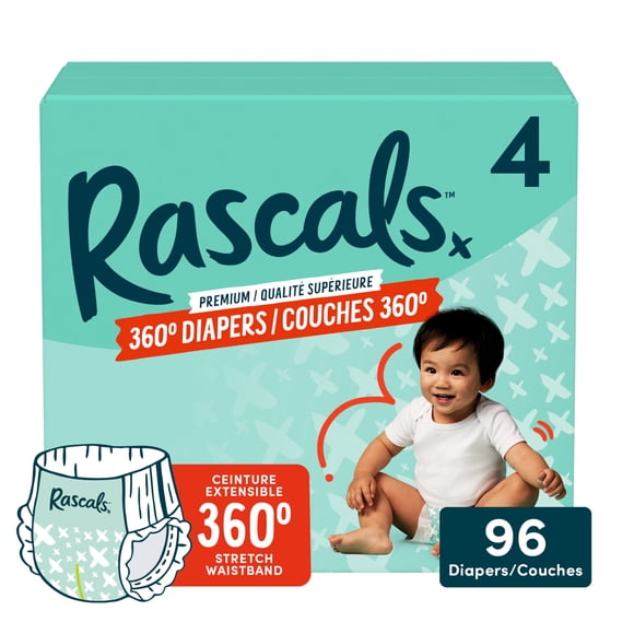 Rascals Premium 360 Diapers, Size 4, 96 Count