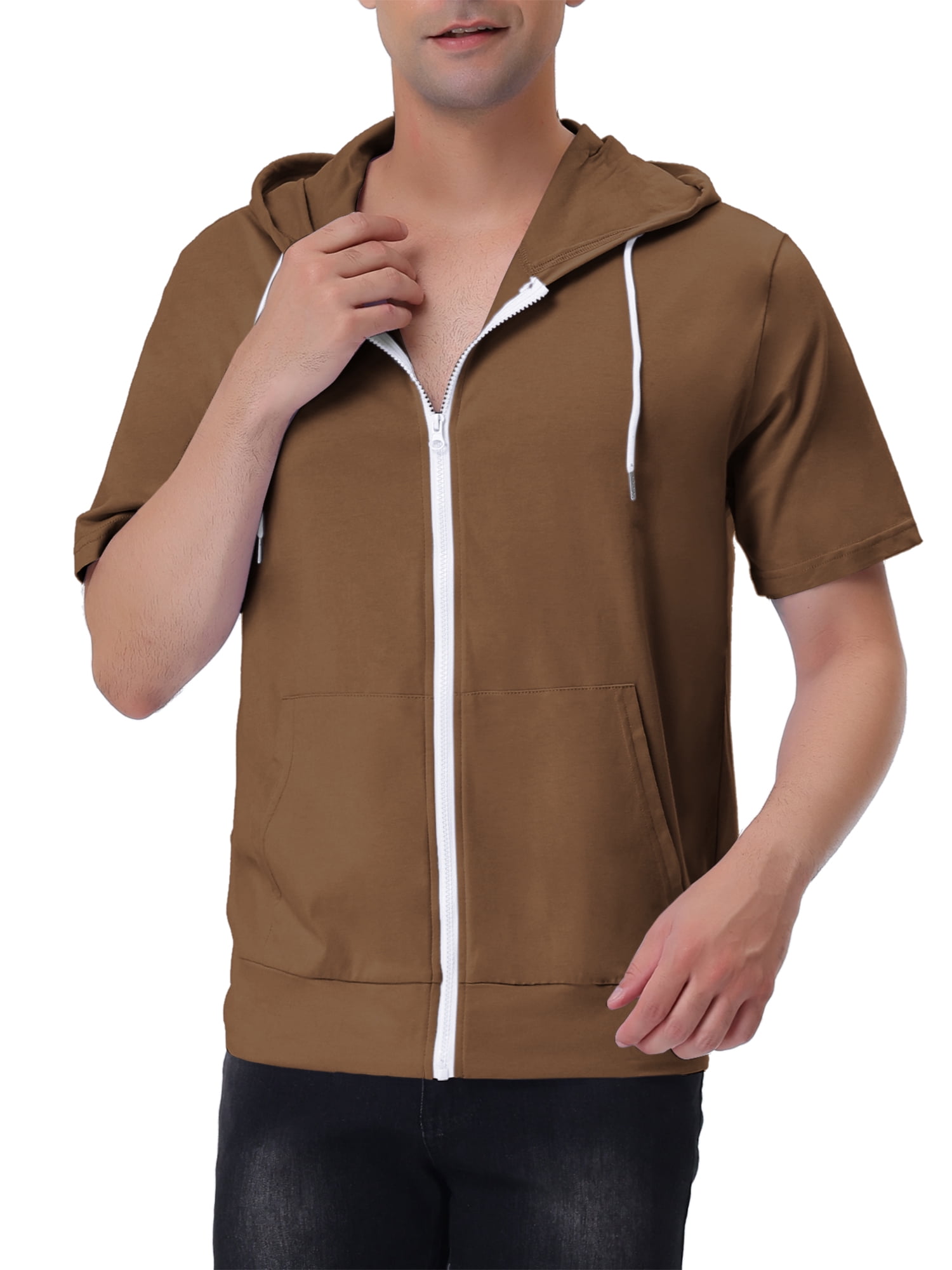 INSPIRE CHIC Men's Short Sleeve Hoodies Solid Color Zip Up Jackets with Hood XL Brown