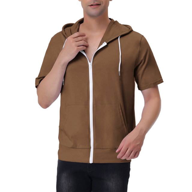 INSPIRE CHIC Men's Short Sleeve Hoodies Solid Color Zip Up Jackets with Hood M Brown