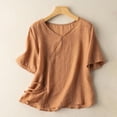 thumbnail image 1 of Meichang Hauts en Coton et Lin pour Femmes Décontractés d'Été à Manches Courtes à Col Rond T-Shirts Rétro Coupe Ample T-Shirts Unis Fluides Blouses Courtes de Vacances Orange G, 1 of 4