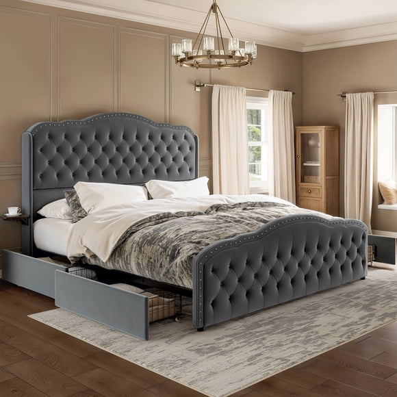 GUNAITO King Size Bed Frame with 4 Storage Drawers, Velvet Upholestered Platform Bed with Wingback Buttons Headboard and Bedside Storage Board, Grey