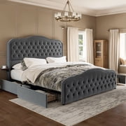 GUNAITO King Size Bed Frame with 4 Storage Drawers, Velvet Upholestered Platform Bed with Wingback Buttons Headboard and Bedside Storage Board, Grey
