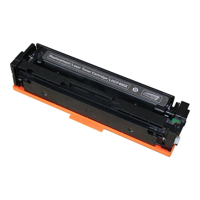 L-ink Compatible HP 201X (CF400X) High Yield Black Toner Cartridge shown in a front angled view with black plastic casing and orange protective strip, labeled replacement laser toner cartridge LHCF400X, compatible with HP M252 and MFP-M277 printers, delivering sharp text and images with a 2800 page yield.