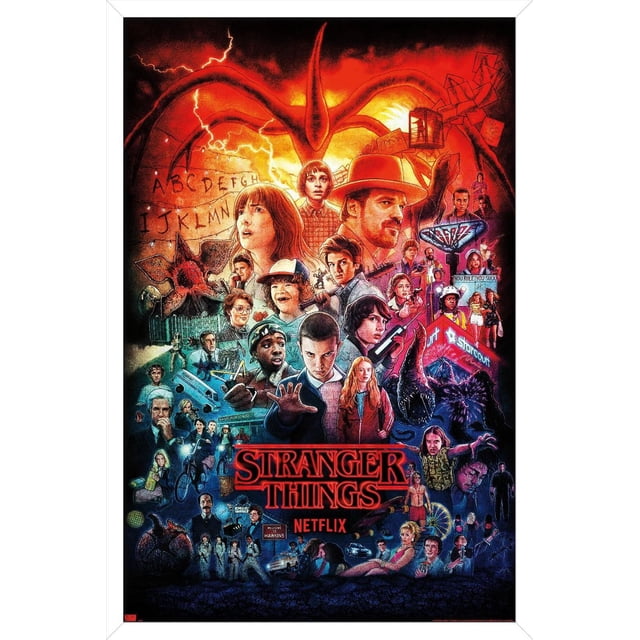 Netflix Stranger Things - Affiche Murale Trois Saisons en une Feuille, 22,375 Po x 34 Po, Représentant un collage vibrant de Personnages et de Scènes Surnaturelles de la Série avec un Fond Rouge et orange Ardent, Incluant le Demogorgon, l'Enseigne Hawkins Starcourt Mall et le Mur alphabet avec Lumière de Noël, Idéal pour l'Art Mural et la Déco des Fans.