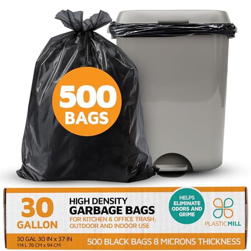 PlasticMill Heavy Duty Trash Bags - Black Garbage Bags - Plastic Trash Bags - Kitchen, Bathroom, Office Garbage Bags, Trash Can Liners - 20-30 Gallon, 8 Microns, 30"x37" (500-Count)