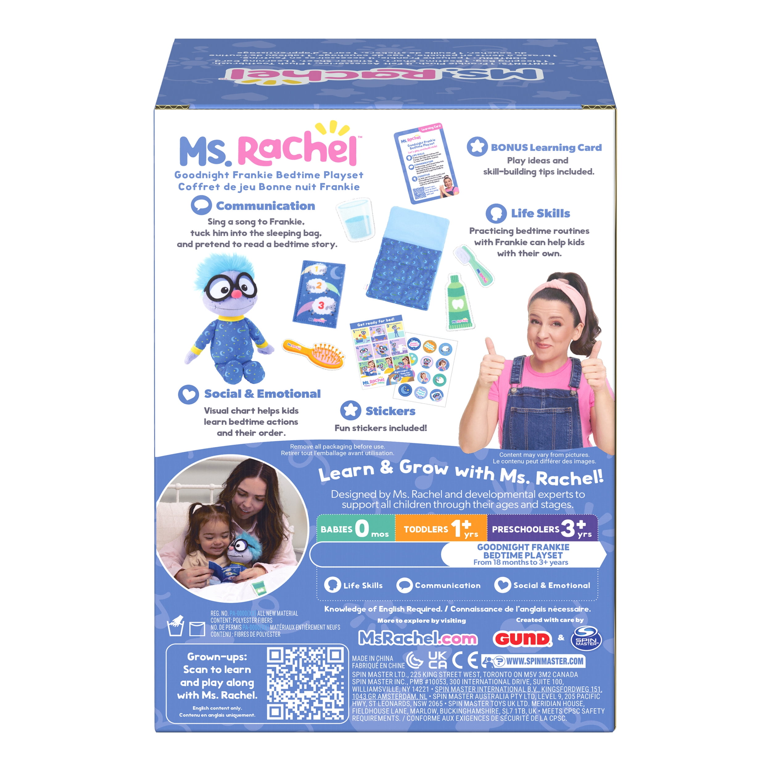 Ms. Rachel, Bonne nuit Frankie, Coffret pour le coucher, peluche de 27,9 cm avec sac de couchage et accessoires, jouets pour tout-petits, pour filles et garçons de 18 mois à 3 ans et plus