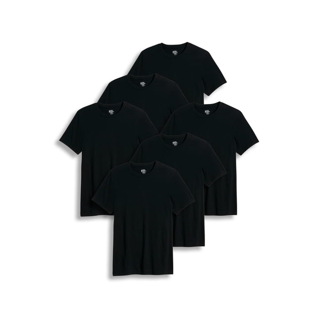 Jockey Men's Classic Crew Neck Undershirt - 6 Pack featuring six black crew neck undershirts made from breathable 100% cotton fabric. These undershirts have a relaxed fit, a stay-flat reinforced collar, and a stay-tucked length for versatile wear. Enhanced with Staycool+ technology to wick away moisture and StayNew technology to reduce pilling and fading, ensuring long-lasting comfort and durability.
