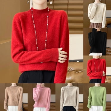Nfurl Chandail en Tricot à Col Montant pour Femmes, Chandail Décontracté à Manches Longues, Chandail Ample Uni, Chandails 2025 Automne, Camisoles, Hauts, Rouge, TTG