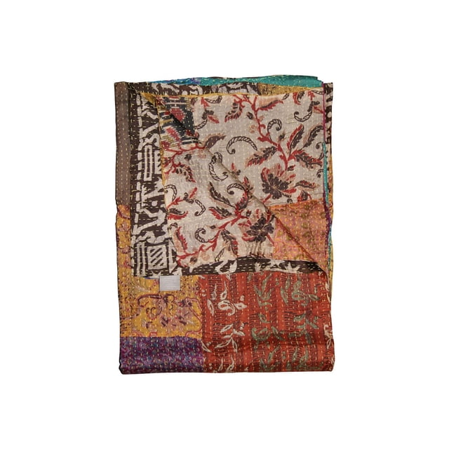 KANTHA SILK THROW BLANKET 50"X70" folded showing a handcrafted quilted silk patchwork with floral and geometric patterns in red, brown, yellow, purple, and teal, featuring visible stitching, suitable as a decorative throw or lightweight bedding accessory.