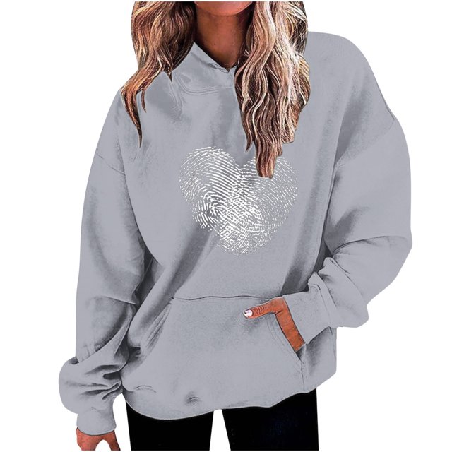 Penkiiy Chandails à Capuchon et Chandails pour Femmes, Mode Décontractée, Saint-Valentin, Imprimés, Manches Longues, 2TG, Gris