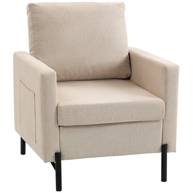 HOMCOM Accent Chair Modern Upholstered Armchair w/ Side Pockets, Beige