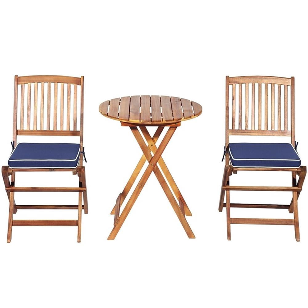 Pemberly Row 3PCS Patio Folding Bistro Set Cushioned Chair Conversation Blue