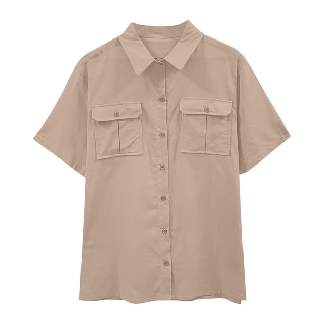 Timegard Cotton Linen Tops for Women Short Sleeve Button down Shirts Solid Color Casual Tops with Pockets