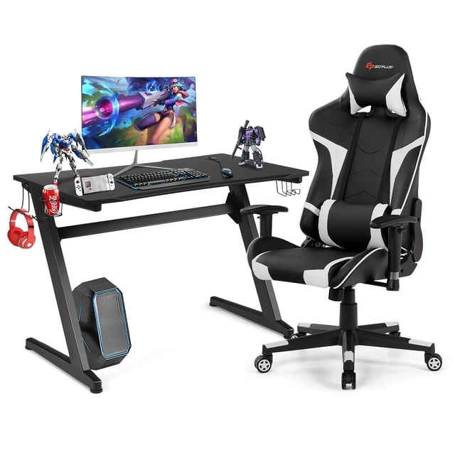 Goplus Ensemble de Bureau Style Course en Forme de Z et Chaise de Jeu de Massage pour Bureau à Domicile