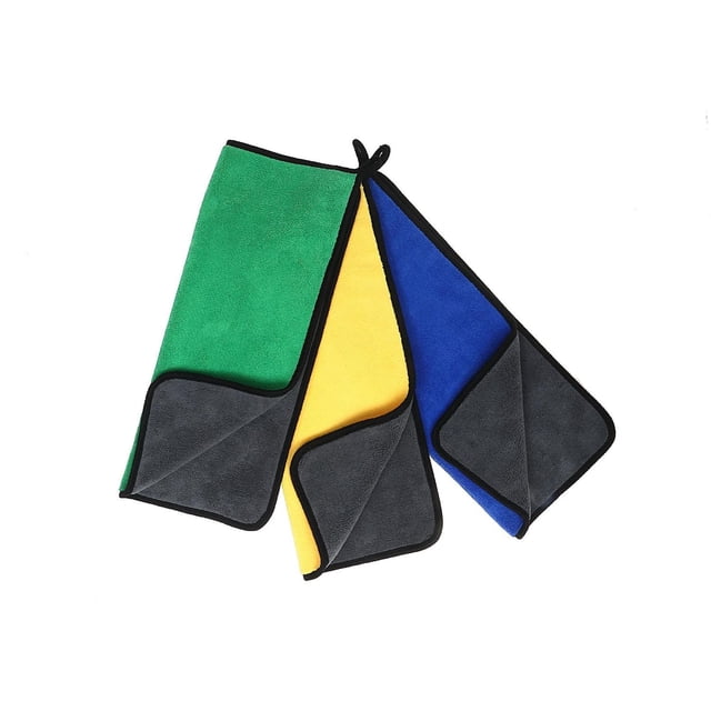 IH Casa Decor Serviette de Nettoyage en Microfibre Super Absorbante Asstd - Ensemble de 3 avec Trois Serviettes en Microfibre Vertes, Jaunes et Bleues avec Côtés Inversés Gris Foncé, Bordure Noire et Boucles de Suspension, Mesurant 18 par 15 Pouces, Convient au Nettoyage des Ustensiles de Cuisine, des Miroirs et des Appareils, et Souvent Utilisé pour l'Élimination de la Graisse et des Particules.