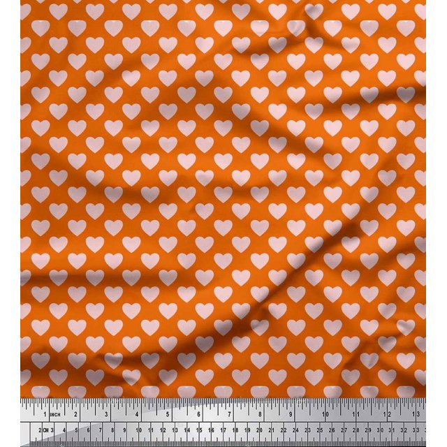 Soimoi Orange polyester Crepe Fabric Pink Heart Decor Fabric Printed Yard 52 Inch Wide