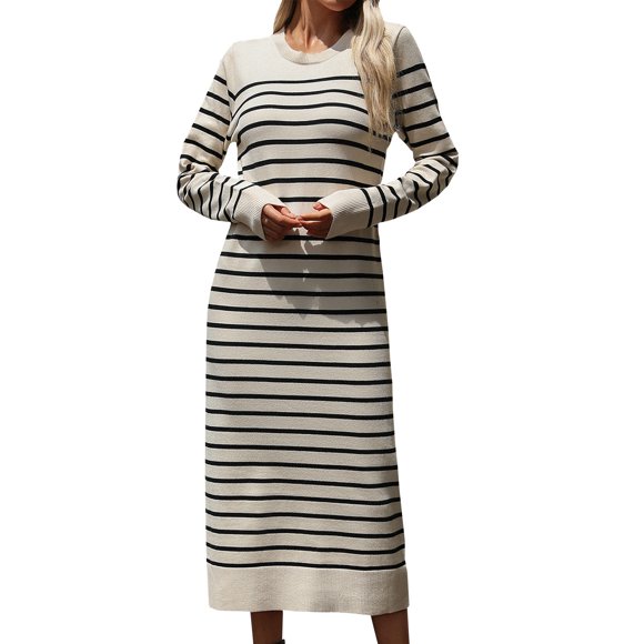 Beach Wedding Dresses for Bride Women's Fall Striped Sweater Dresses 2024 Casual Long Sleeve Crew Neck Knit Sweater Midi Dress Satin Dress S-166 Beige M