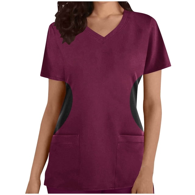 Hauts de Sarrau à Col en V pour Femmes, Extensibles Doux, Résistants aux Plis, Uniforme Médical d'Infirmière avec 2 Poches, Confortable et Léger, Uniforme de Travail à Manches Courtes, Blouse Imprimée, Bourgogne
