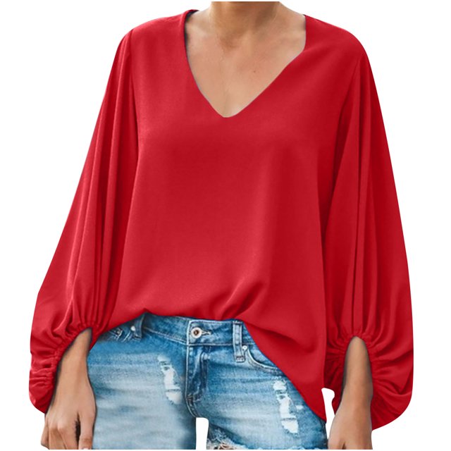 Pompotops Fashion Woman Long Sleeve V-Neck T-Shirt Summer Solid Loose Blouse Tops