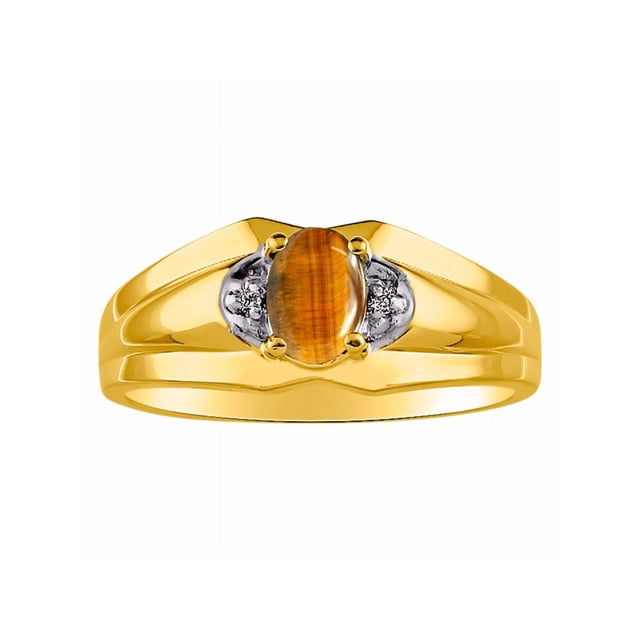 RYLOS Mens Rings 14K Yellow Gold Classic Design 7X5MM Oval Gemstone & Diamond Tiger Eye November Birthstone Ring Size 9