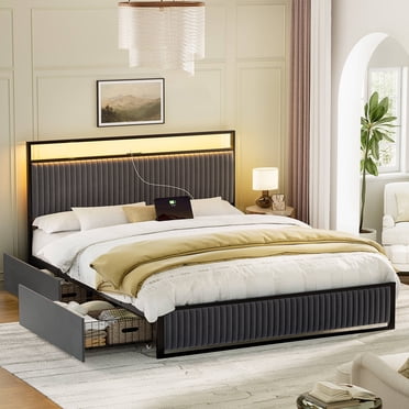 GUNAITO Queen Bed Frame with 2 Storage Drawers, Platform Bed with Headboard, Velvet Upholstered Bed Frame with LED Lights & Charging Station, Dark Grey