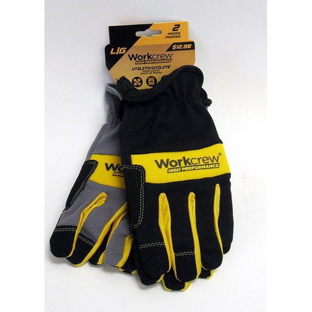 WorkCrew HP 2Pk Utility Glove Large showing a pair of black and grey utility work gloves with yellow accents and reinforced stitching, featuring the WorkCrew High Performance logo, ideal for durable hand protection in workwear and general utility tasks.
